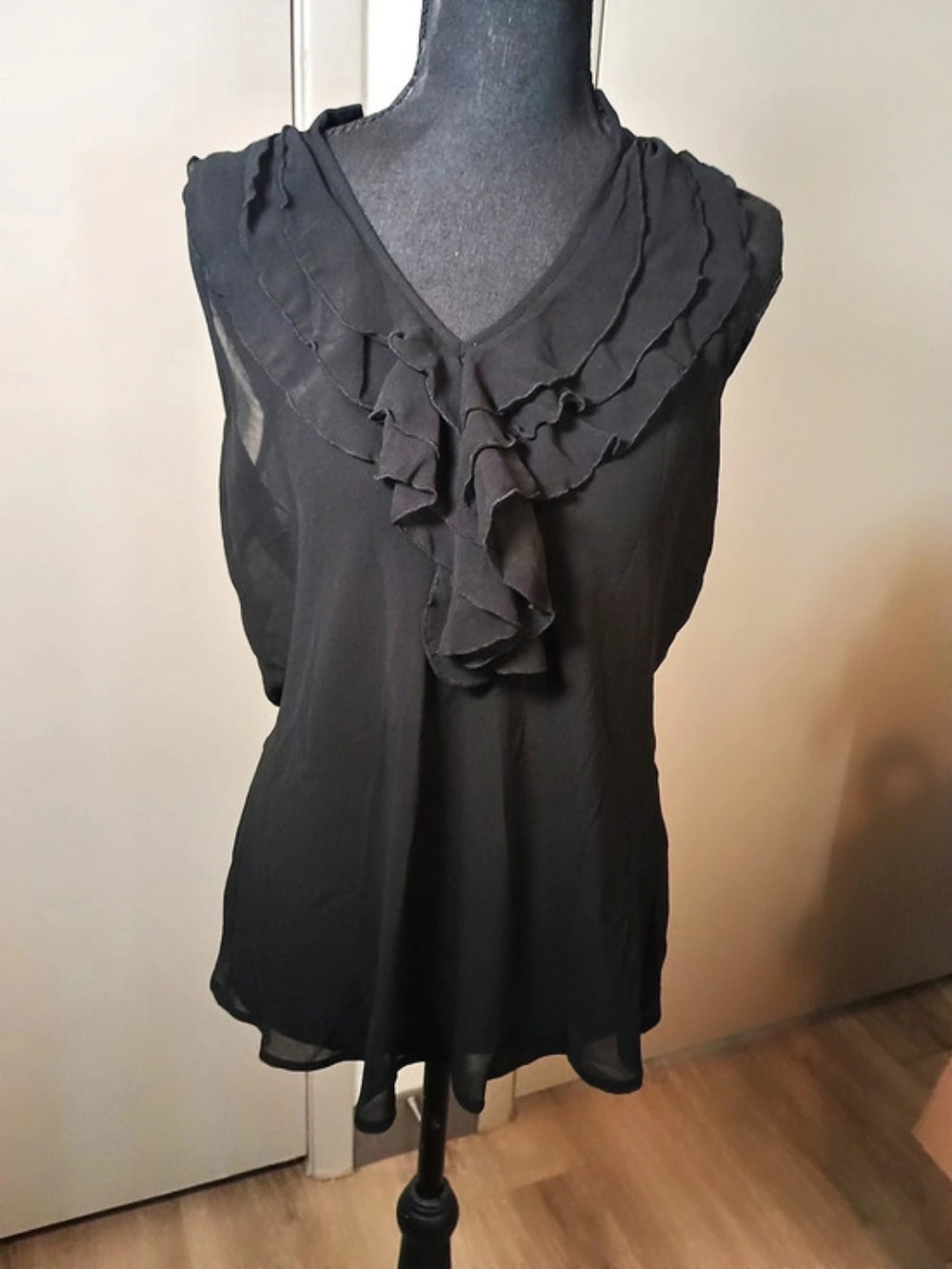 New York & Company Black Ruffle Neck Blouse